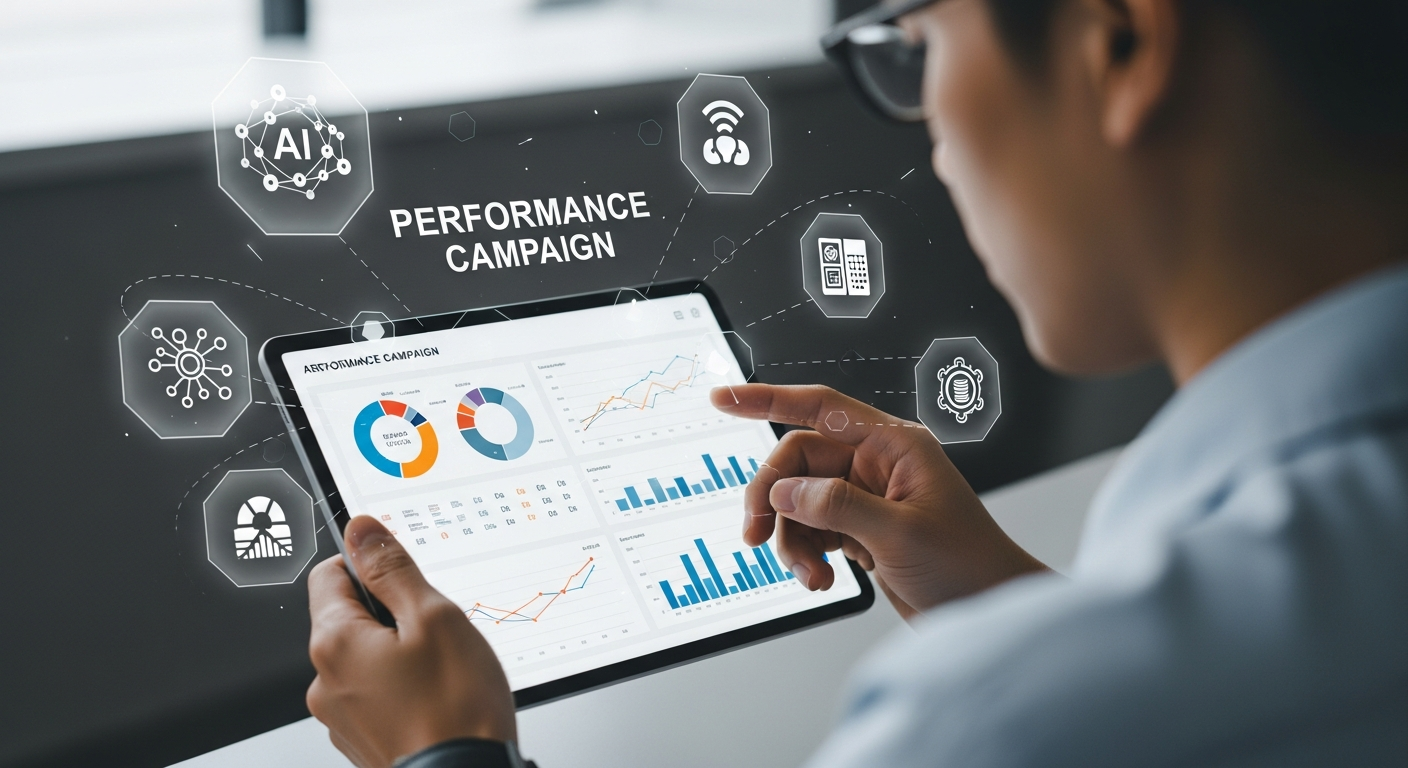 Pessoa analisando gráficos de desempenho de campanhas em um tablet, com ícones de IA ao redor