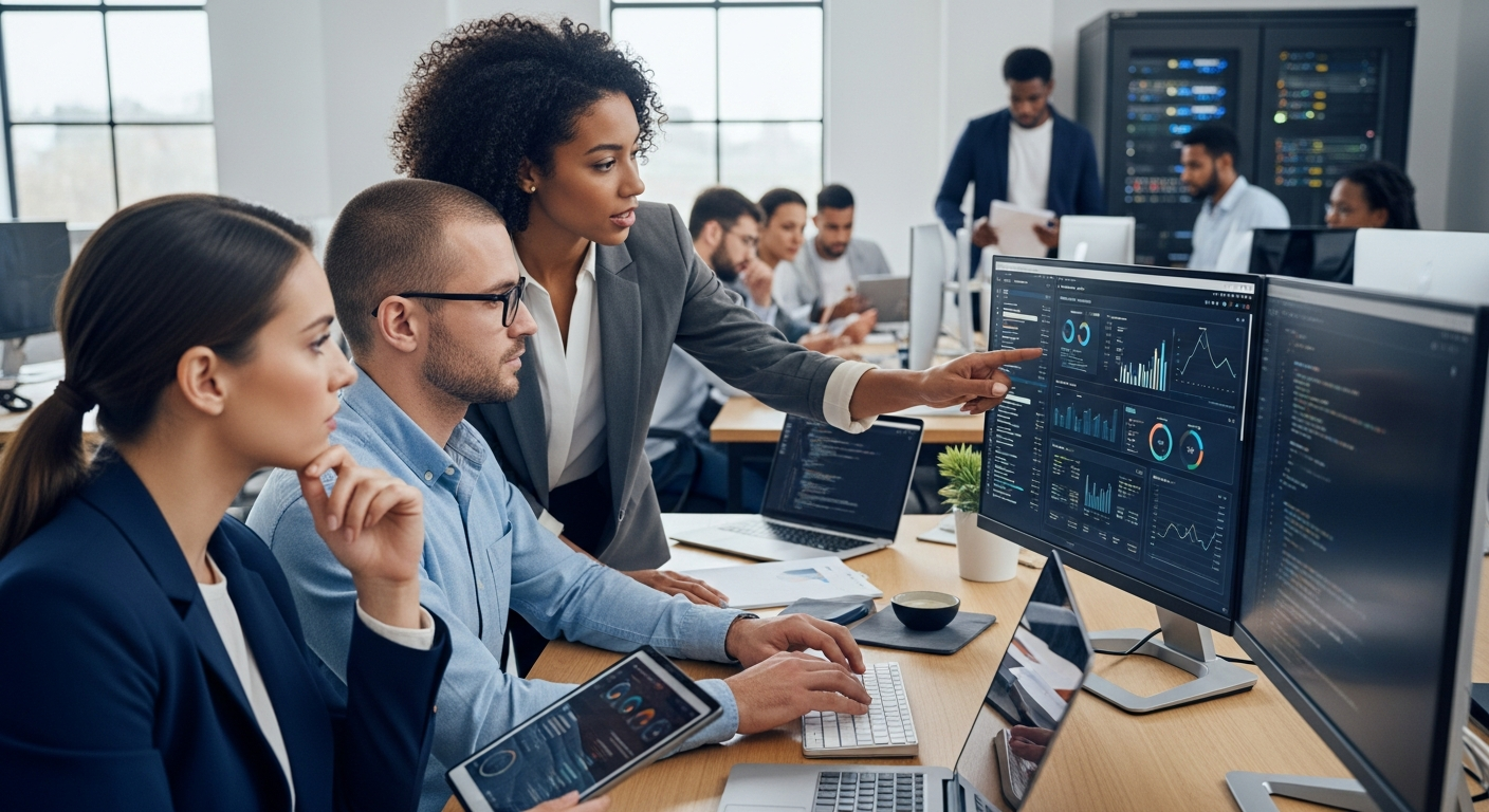 equipe de marketing digital trabalhando com inteligencia artificial e automacao de campanhas de trafego pago