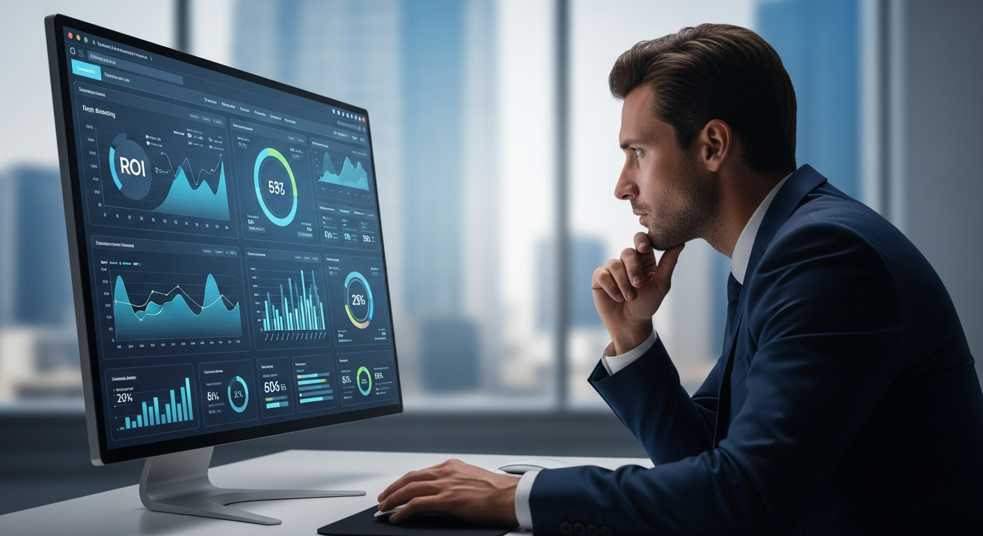 empresario analisando dashboard de marketing digital com graficos de ROI e metricas de campanhas em tela moderna