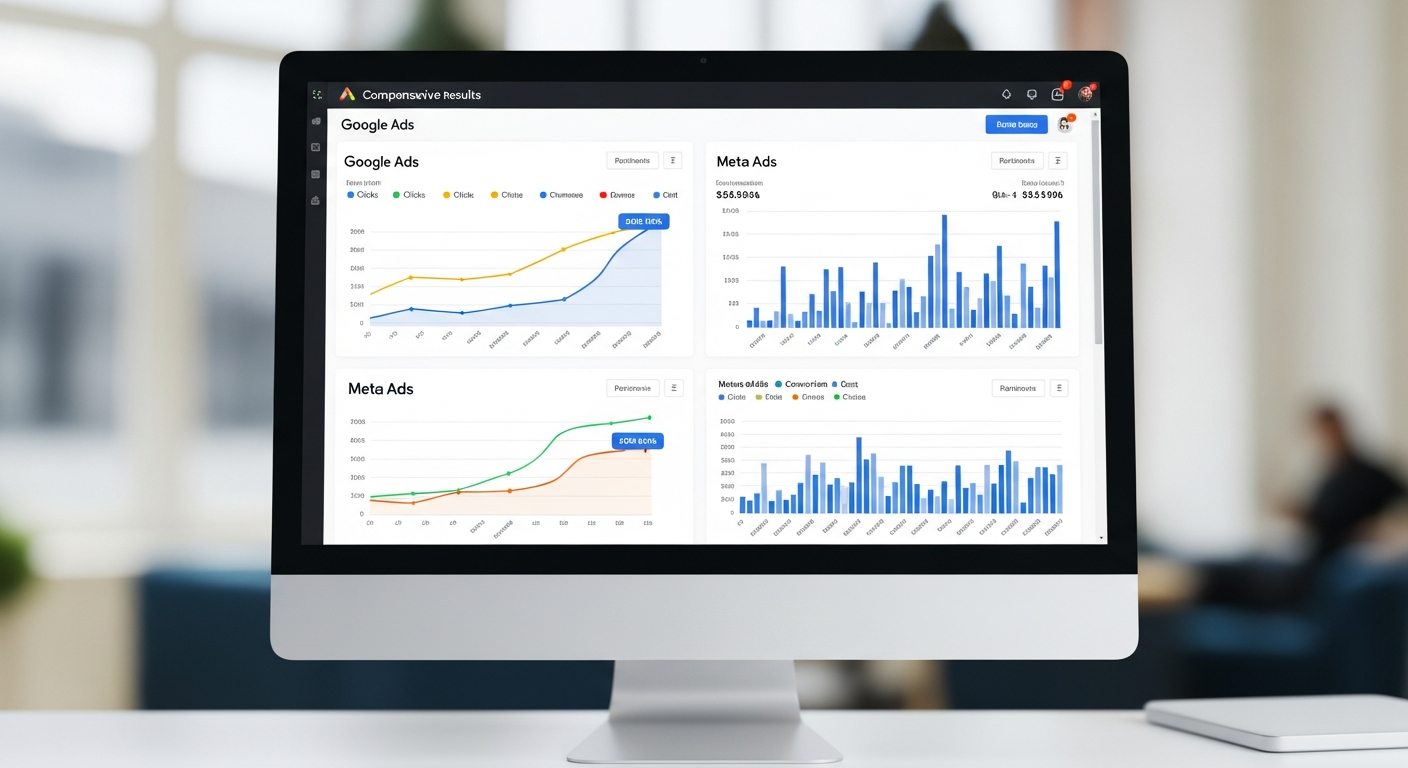 tela de computador mostrando resultados de campanhas Google Ads e Meta Ads com graficos de crescimento
